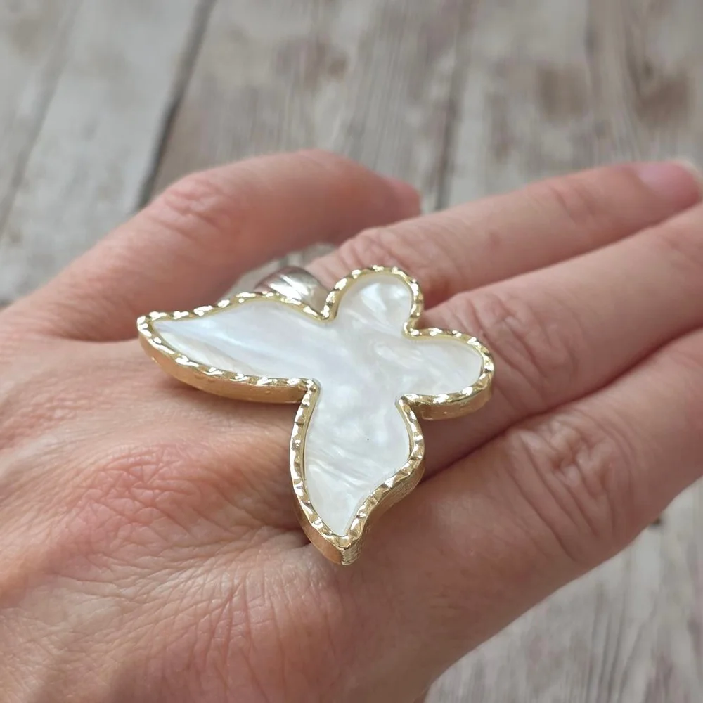 Women's Butterfly Ring Adjustable White and Gold
